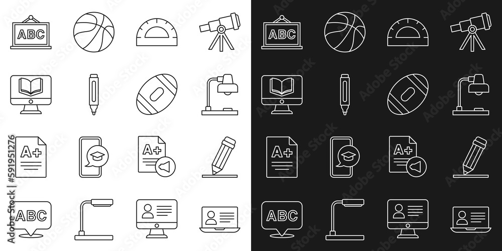 Set line Online class, Pencil with eraser, Table lamp, Protractor grid, Marker pen, Chalkboard and American Football ball icon. Vector