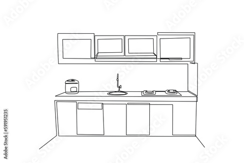Single one line drawing Modern kitchen interior. Kitchen room concept. Continuous line draw design graphic vector illustration.