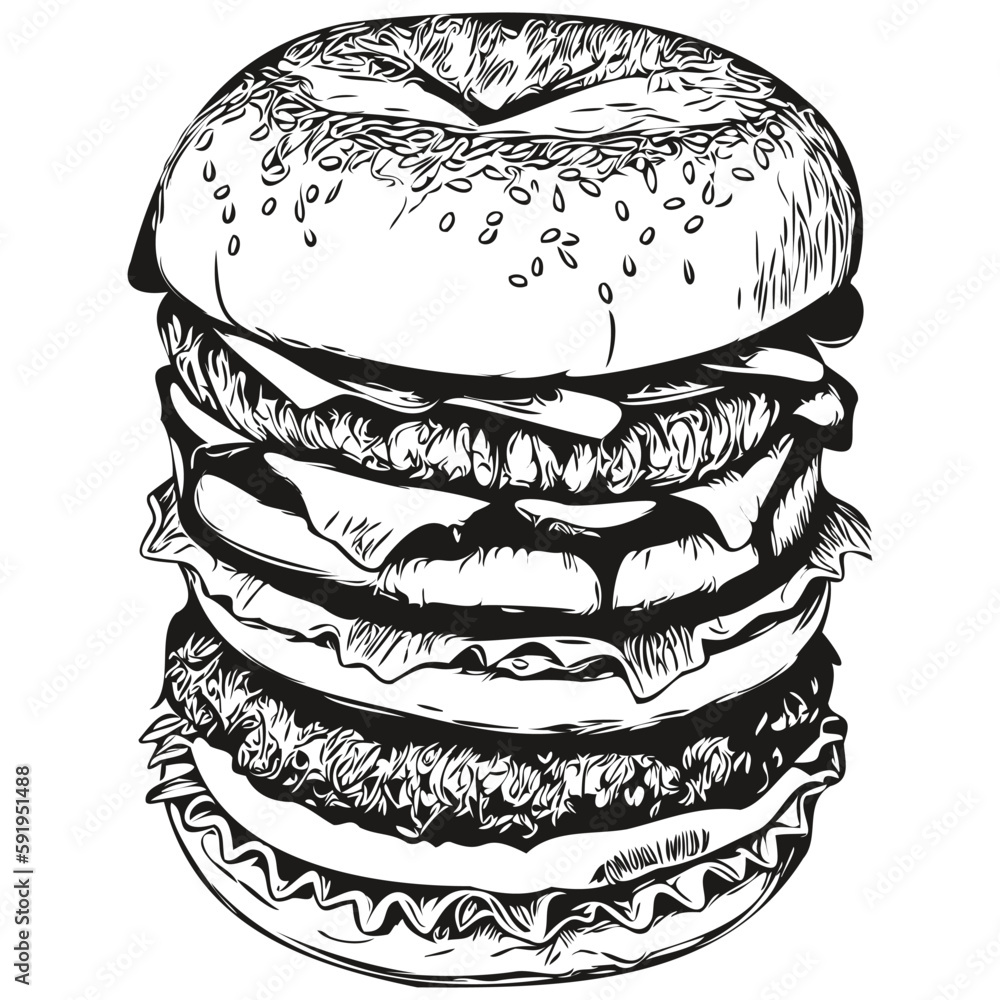 burger vector illustration line art drawing black and white hamburger ...