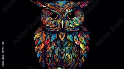 Isolated Colorful Owl On Black Background, Generative Ai © Jaunali