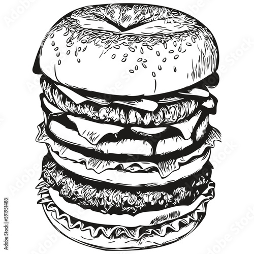 burger vector illustration line art drawing black and white hamburger
