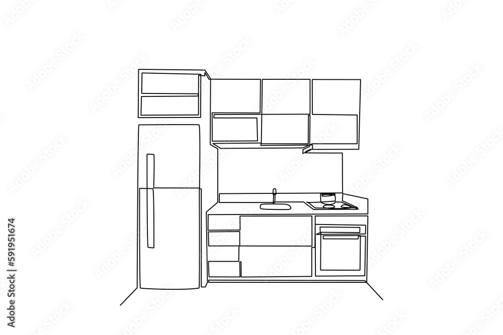 Single one line drawing Modern kitchen interior. Kitchen room concept. Continuous line draw design graphic vector illustration. Single one line drawing Modern kitchen interior. Kitchen room concept. Continuous line draw design graphic vector illustration.