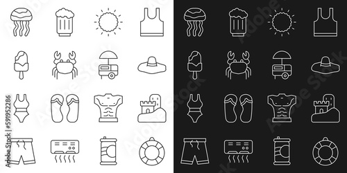 Set line Lifebuoy, Sand castle, Elegant women hat, Sun, Crab, Ice cream, Jellyfish and Fast street food cart icon. Vector