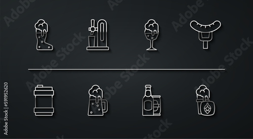 Set line Boot beer glass, Metal keg, Sausage on the fork, Beer bottle and can, Wooden mug, tap with, Glass of and icon. Vector