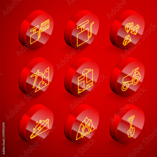 Set line Handle detonator, Gem stone, Pickaxe, Mine entrance, Mining dump truck, Conveyor belt carrying coal and icon. Vector
