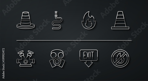 Set line Traffic cone, Fire hydrant, exit, Gas mask, hose reel, No fire and flame icon. Vector