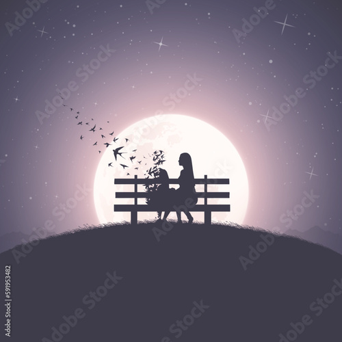 Loving couple on bench. Death and afterlife. Flying birds, full moon