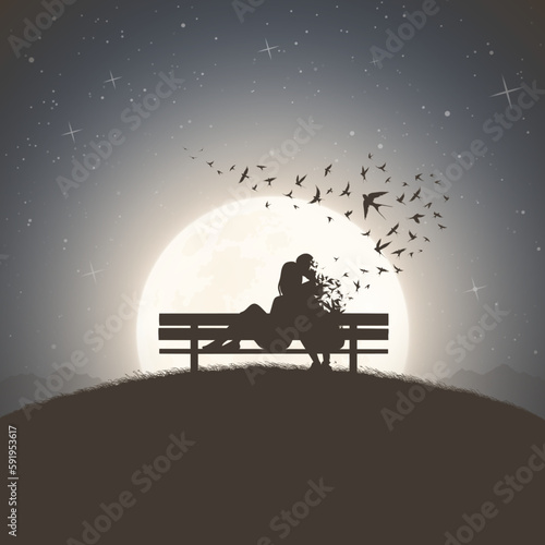 Loving couple on bench. Death and afterlife. Flying birds, full moon