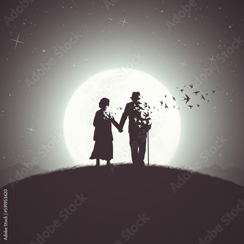 Elderly couple silhouette. Death, afterlife. Flying birds, full moon