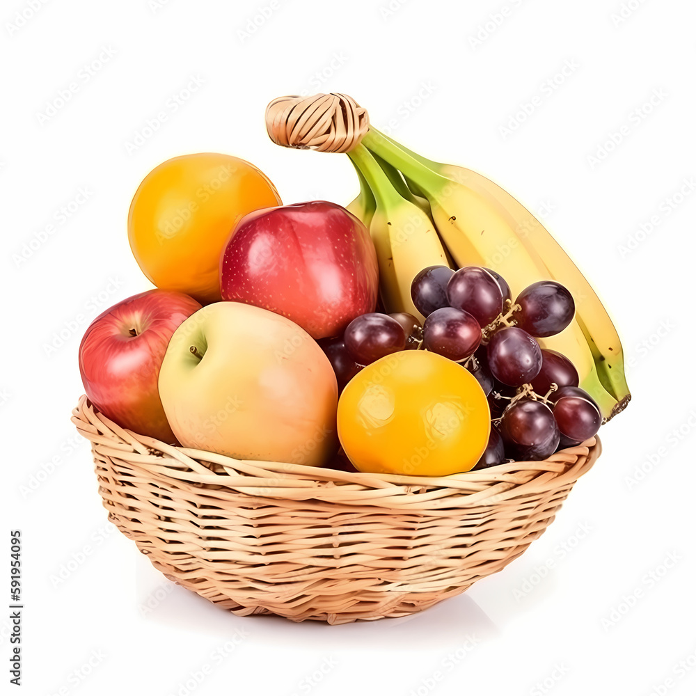 Fruits On Basket Isolated On White BAckground. Generative AI Fruits On Basket Isolated On White BAckground. Generative AI