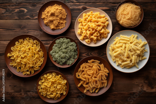 different varieties of pasta lie in plates on a wooden surface top view,texture background. natural healthy food, vegan diet. Natural healthy food, vegan diet. Generative AI