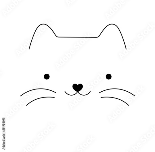 Vector isolated one single simplest cat kitten muzzle face portrait head front view colorless black and white contour line easy drawing