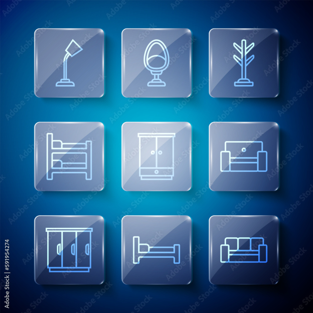 Set line Wardrobe, Bed, Sofa, Coat stand, Bunk bed, Table lamp and Armchair icon. Vector Set line Wardrobe, Bed, Sofa, Coat stand, Bunk bed, Table lamp and Armchair icon. Vector