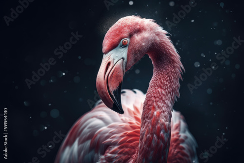 The picture features a gorgeous pink flamingo standing on one leg in shallow waters of a lake or river. It has a long slender neck, a curved beak, and pink and white feathers.  Generative AI, AI. © Sebastian