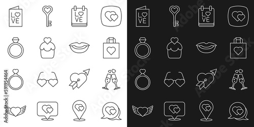 Set line Heart in speech bubble, Glass of champagne, Shopping bag with heart, Calendar February 14, Wedding cake, rings, Valentines day party flyer and Smiling lips icon. Vector