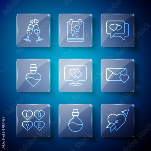Set line Love text, Bottle with love potion, Amour heart and arrow, Heart in speech bubble, Location, Glass of champagne and Envelope Valentine icon. Vector