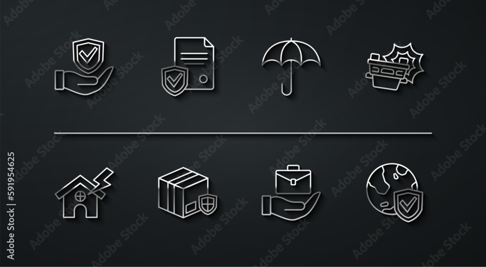 Set line Shield in hand, House lightning, Car accident, Hand holding briefcase, Delivery security with shield, Contract, world globe and Umbrella icon. Vector Set line Shield in hand, House lightning, Car accident, Hand holding briefcase, Delivery security with shield, Contract, world globe and Umbrella icon. Vector