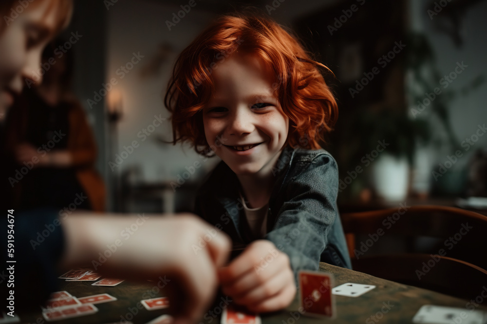 Fototapeta premium Photo of a boy enjoying a card game with a smile on his face