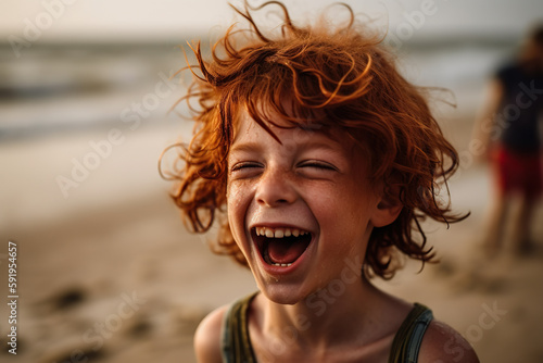 Cheerful Red-haired Child Smiling Broadly at beach.