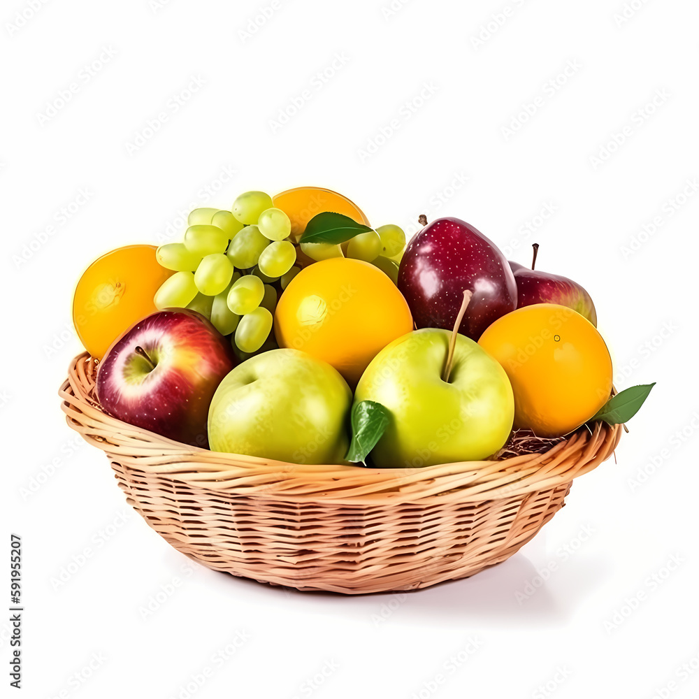 Fruits On Basket Isolated On White BAckground. Generative AI Fruits On Basket Isolated On White BAckground. Generative AI