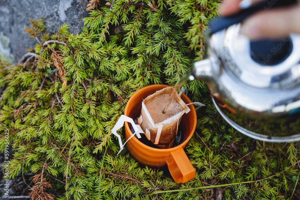 Juniper, brew a morning cafe in nature, view from above pour boiling water into a mug, instant coffee, drink for vivacity, filter bag.