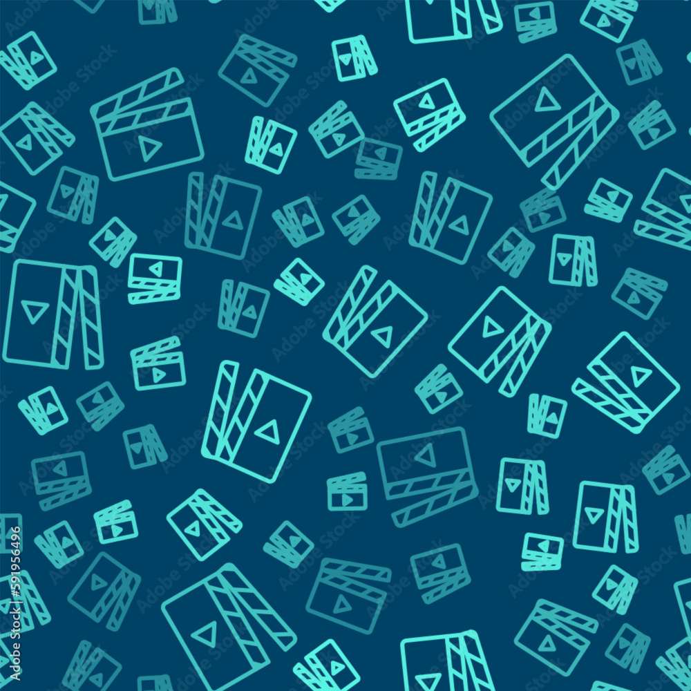 Green line Movie clapper icon isolated seamless pattern on blue background. Film clapper board. Clapperboard sign. Cinema production or media industry. Vector Green line Movie clapper icon isolated seamless pattern on blue background. Film clapper board. Clapperboard sign. Cinema production or media industry. Vector