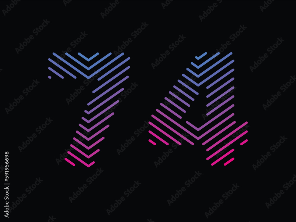 Digit 74 is written with colorful digital lines. Abstract digit 74 logo design template. Logo type vector design Digit 74 is written with colorful digital lines. Abstract digit 74 logo design template. Logo type vector design