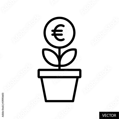 European euro plant, return on investment, money tree, financial growth concept icon in line style design for website, app, UI, isolated on white background. Editable stroke. Vector illustration.