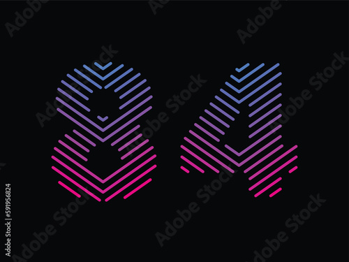 Digit 84 is written with colorful digital lines. Abstract digit 84 logo design template. Logo type vector design