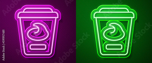 Glowing neon line Yogurt container icon isolated on purple and green background. Yogurt in plastic cup. Vector