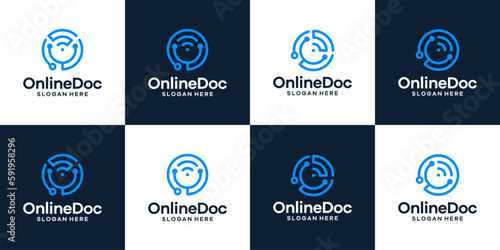 Collection stethoscope logo design with signal wifi and letter S graphic design vector illustration. Symbol online doctor, icon, creative.