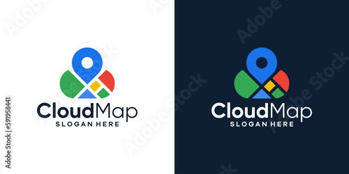 Cloud logo design template with map pin location graphic design vector illustration. Symbol, icon, creative.