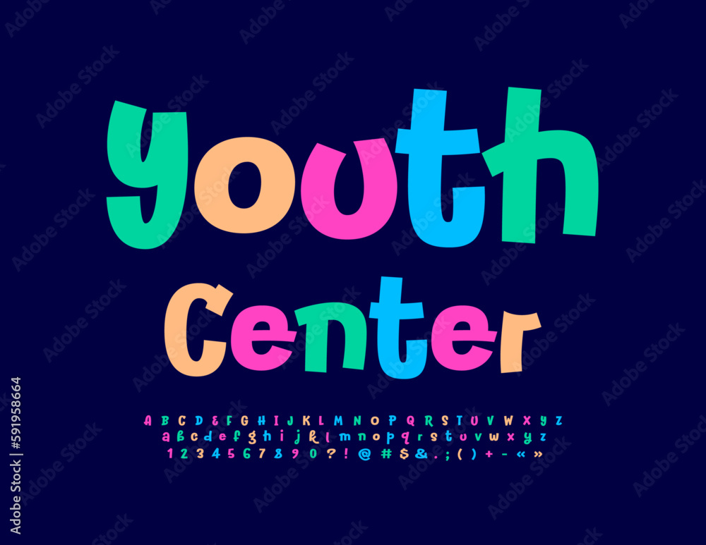Vector playful sign Youth Center. Funny bright Font. Trendy Alphabet Letters and Numbers Vector playful sign Youth Center. Funny bright Font. Trendy Alphabet Letters and Numbers