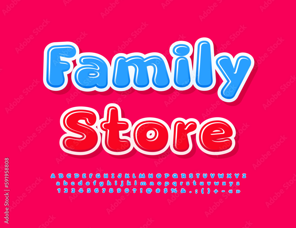 Vector business logo Family Store. Cute blue Font. Funny Alphabet Letters, Numbers and Symbols set