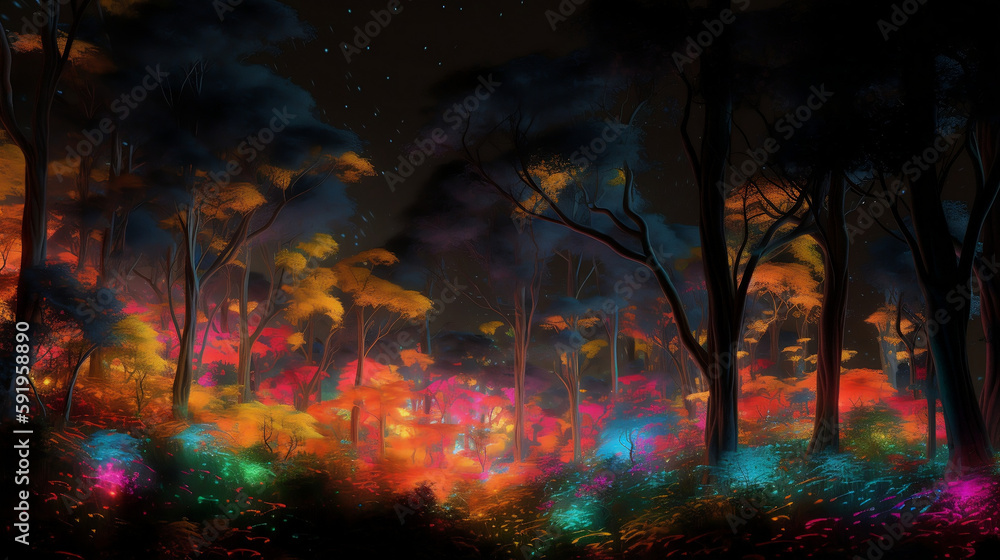 A forest of rainbow-colored trees with vines that glow in the dark and flowers that sing when the wind blows,photorealistic
