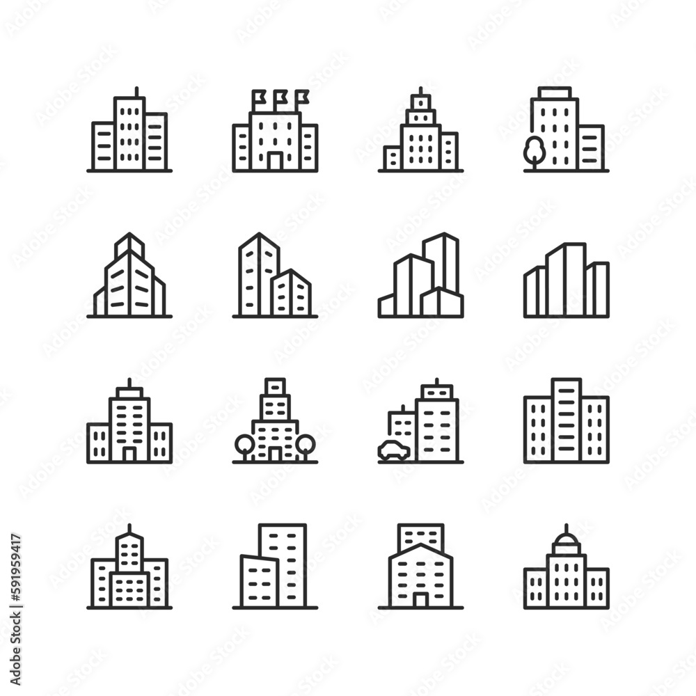 Business buildings, linear style icons set. Multistory building with windows. Company, business center. Editable stroke width