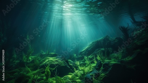  a large amount of green algae in the water with sunlight coming through the water's surface and shining on the water's surface.  generative ai © Oleg
