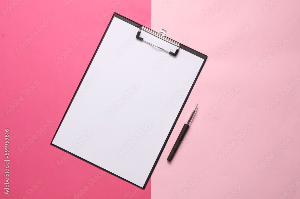 Clipboard with blank sheet of paper and pen on pink background Clipboard with blank sheet of paper and pen on pink background