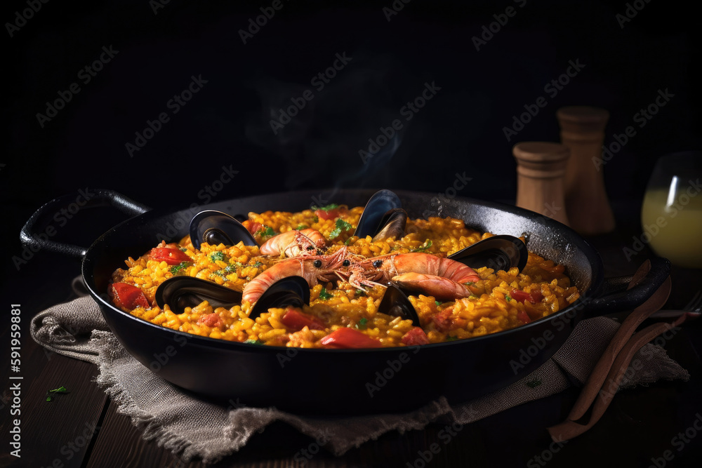 Seafood paella, typical Spanish dish. Generative AI
