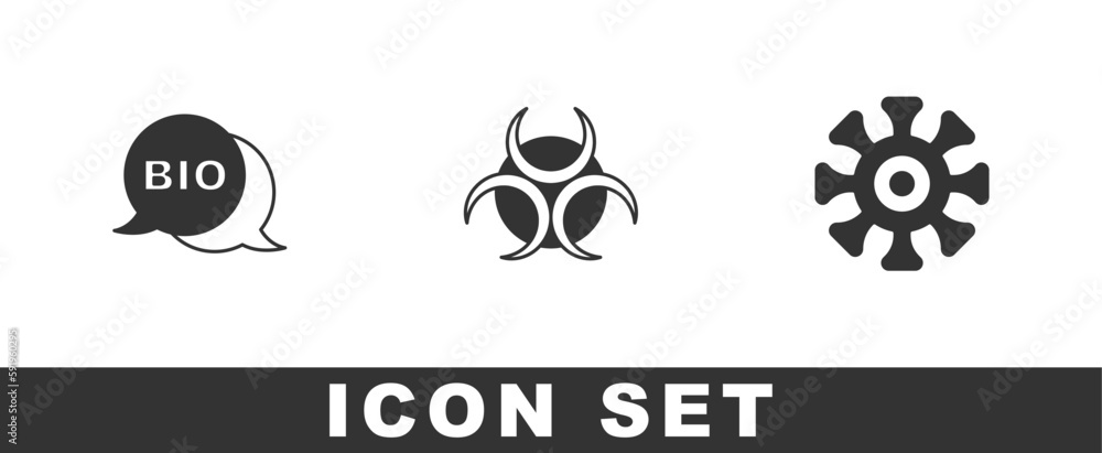 Set Bio healthy food, Biohazard symbol and Bacteria icon. Vector Set Bio healthy food, Biohazard symbol and Bacteria icon. Vector