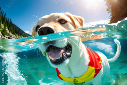 Portrait d'un chien nageant sous l’eau.Chien vacancier.En vacances avec ses patrons.Concept chien heureux à la plage.IA générative.
 photo