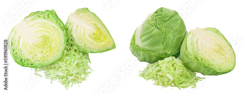 Green cabbage half isolated on white background with full depth of field. Top view. Flat lay.