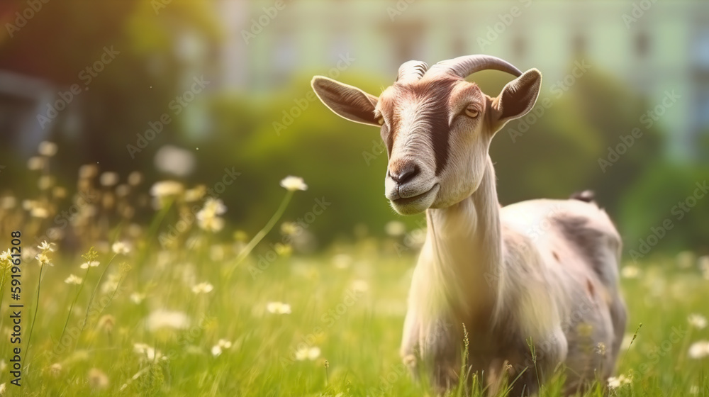 White goat on a meadow photo with generative ai technology White goat on a meadow photo with generative ai technology