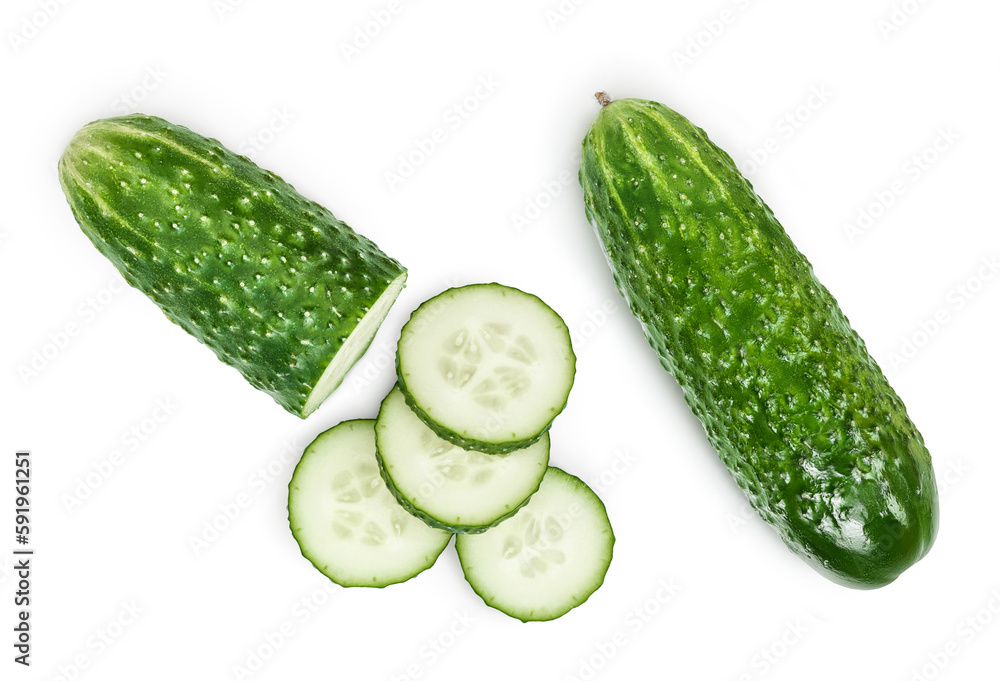Sliced cucumber isolated on white background with clipping path and full depth of field, Top view. Flat lay Sliced cucumber isolated on white background with clipping path and full depth of field, Top view. Flat lay