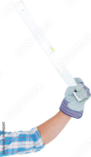 Hand with gloves holding level scale