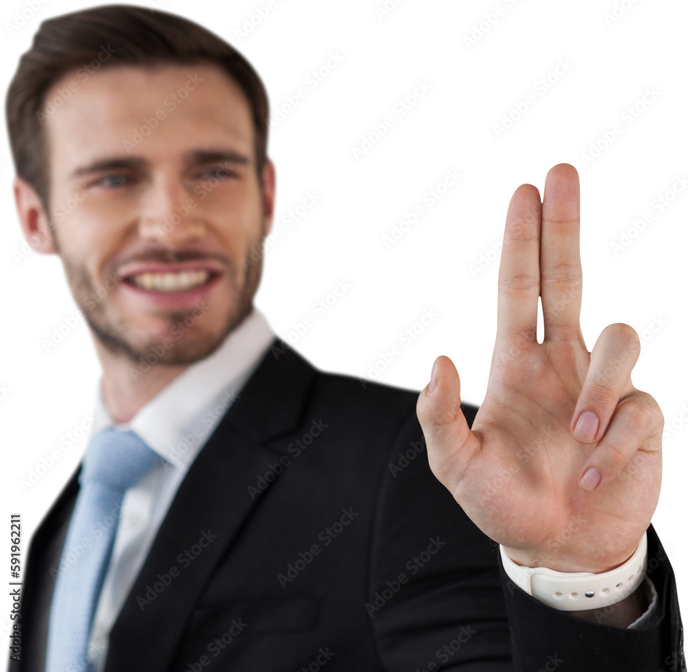 Happy businessman touching invisible screen Happy businessman touching invisible screen