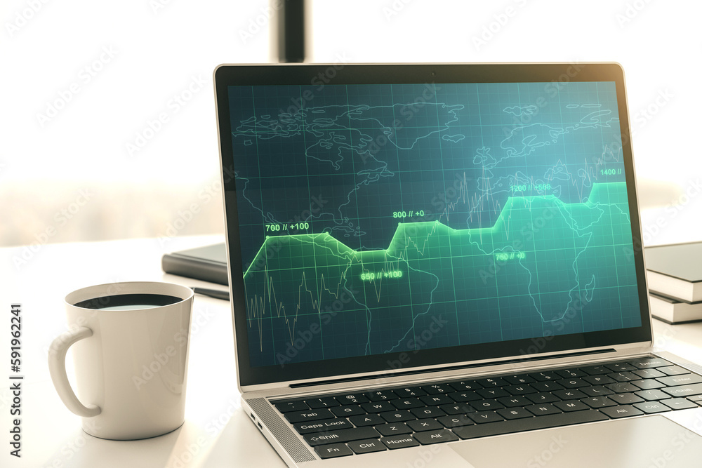 Fototapeta premium Modern computer display with abstract graphic data spreadsheet sketch, analytics and analysis concept. 3D Rendering