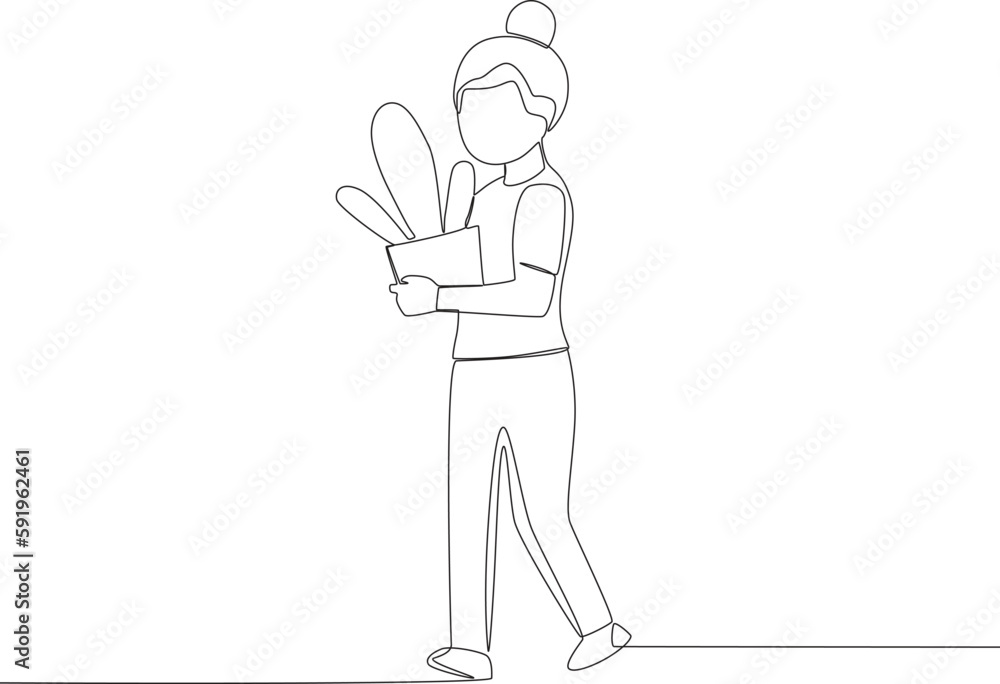 A woman carrying a cactus plant. World environment day one-line drawing