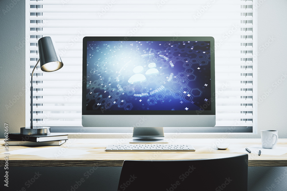 Creative concept of people icons on modern laptop screen. Life and health insurance concept. 3D Rendering Creative concept of people icons on modern laptop screen. Life and health insurance concept. 3D Rendering