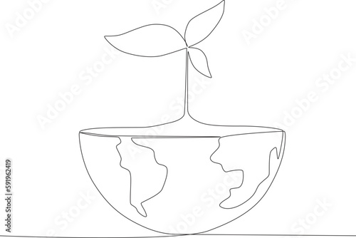 Half the earth is overgrown with trees. World environment day one-line drawing